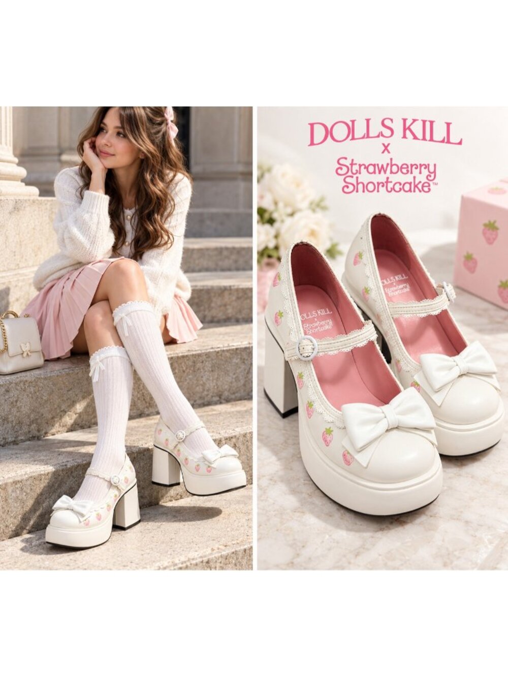 Dolls Kill x Strawberry Shortcake White Platform Mary Jane Heels Bow Size 9M